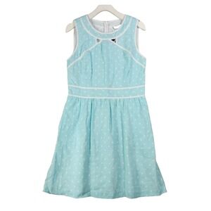 Kaari Blue Girl 100% Linen Preppy Polka Dot Fit Flare Dress 12 Spliced Retro NEW